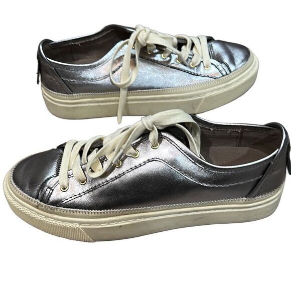 ALLSAINTS ALL SAINTS Metallic Pewter Silver Milla Leather Platform Sneakers Size - Picture 7 of 9